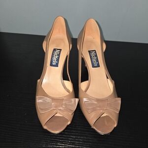 VTG Nickels Pumps Womens Size 9B Nude Tan Leather Bow Peep Toe Bow Italy Pin-up